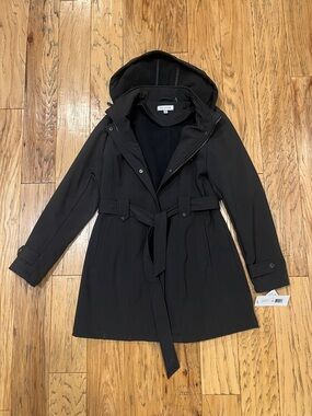 La Spiga Black Hooded coat with Waist Tie Belt